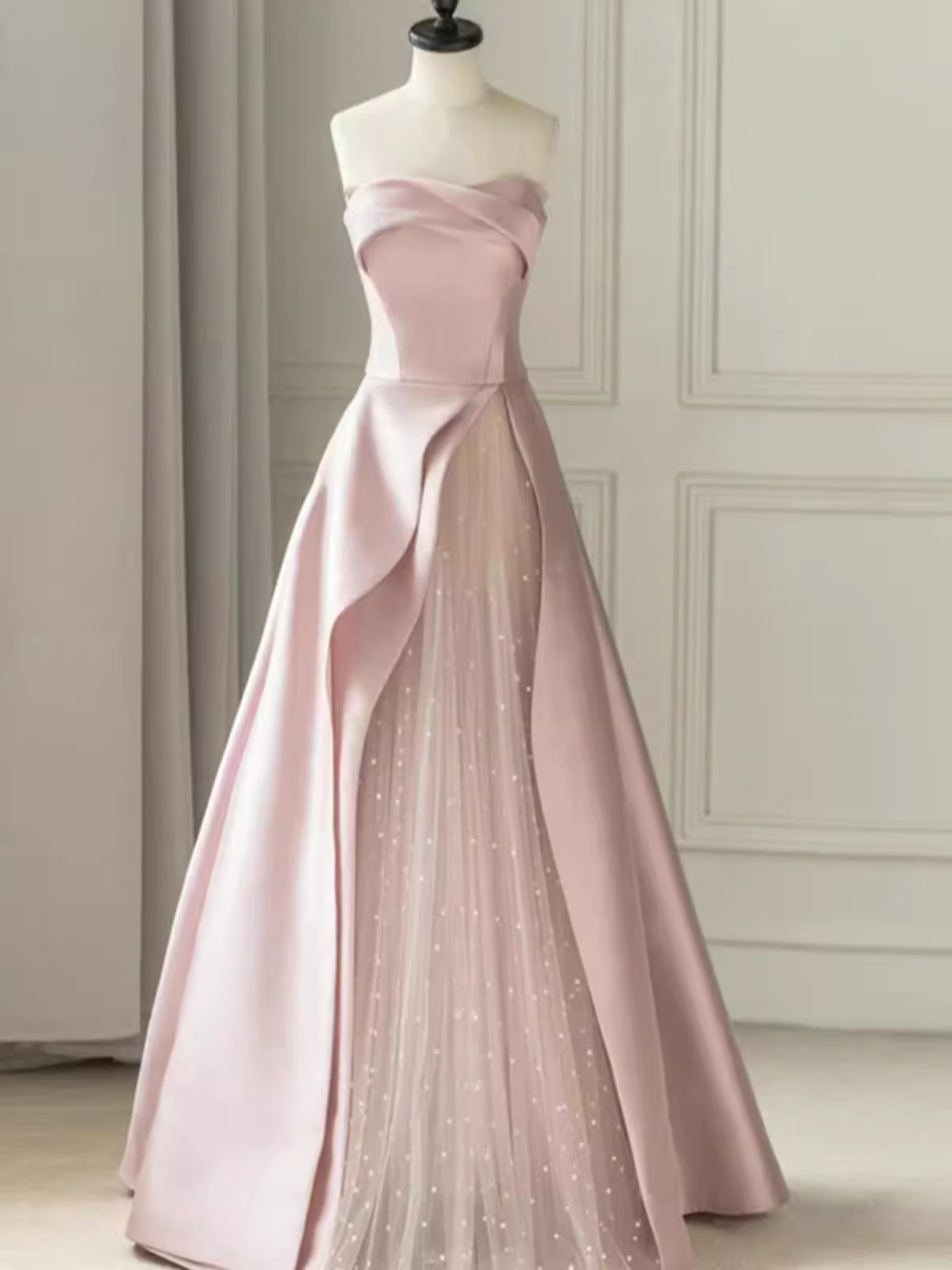 A line Strapless Pink Party Dress Long Satin Prom Dress
