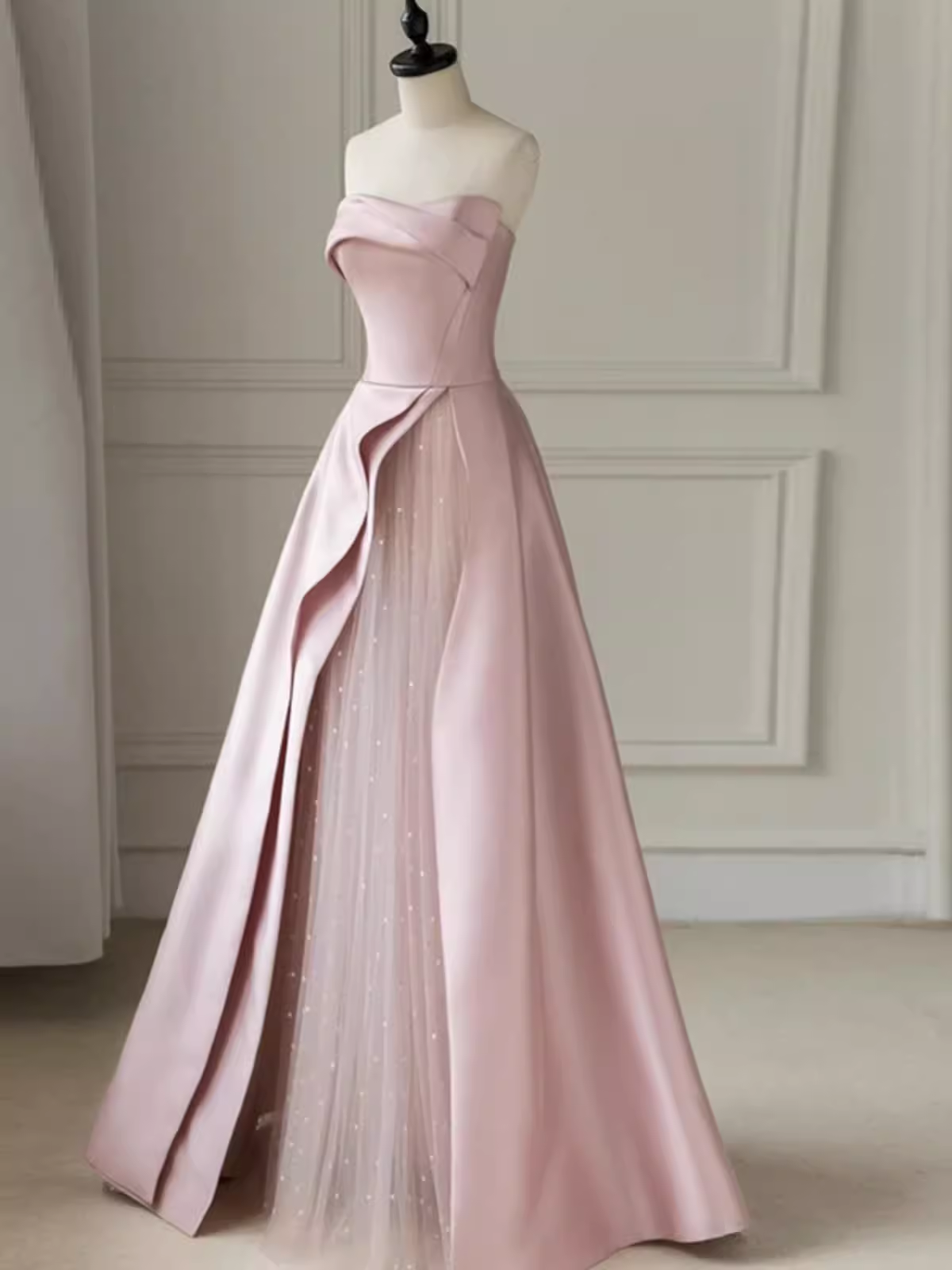 A line Strapless Pink Party Dress Long Satin Prom Dress
