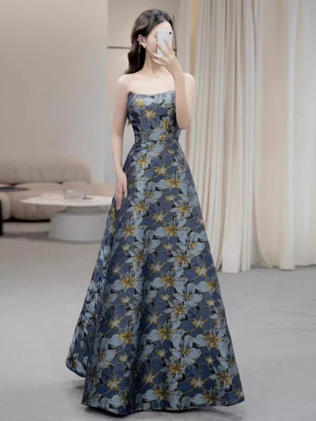 Vintage A line Strapless Party Dresses Long Blue Prom Dresses