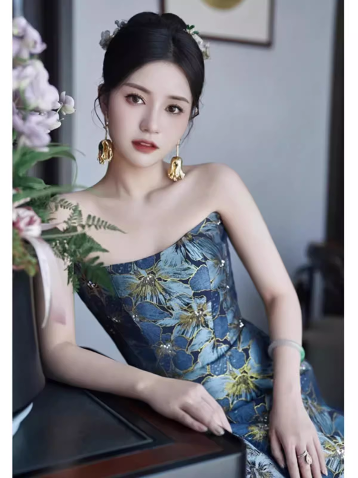 Vintage A line Strapless Party Dresses Long Blue Prom Dresses