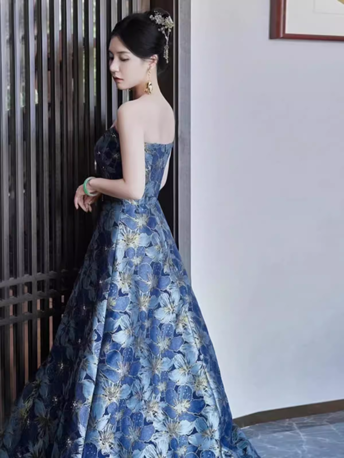 Vintage A line Strapless Party Dresses Long Blue Prom Dresses