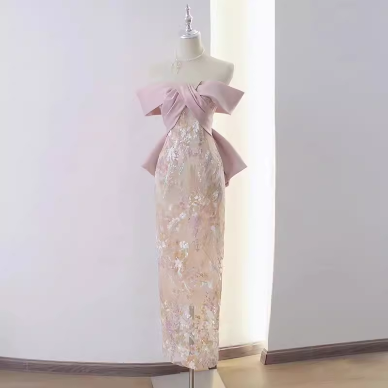 Vintage A line Strapless Party Dresses Pink Prom Dresses