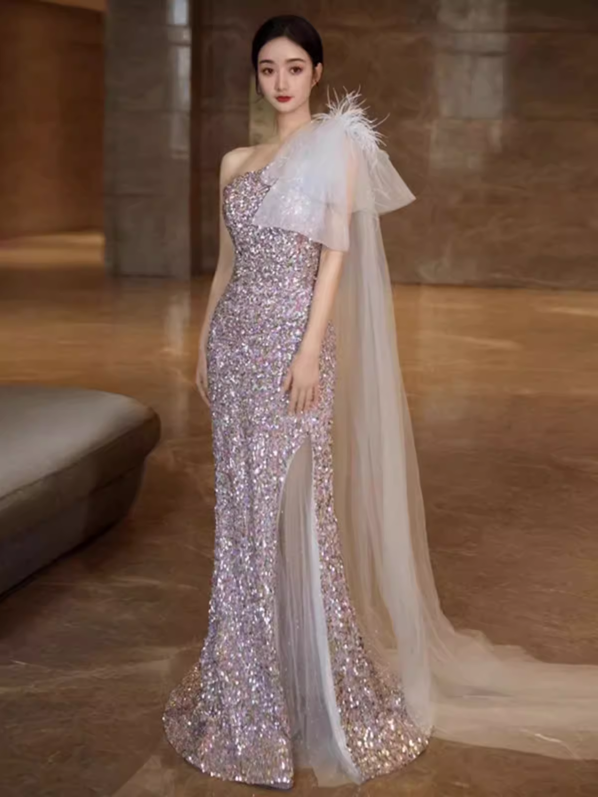 Princess Mermaid One Shoulder Party Dresses Sequin Lilac Prom Dresses