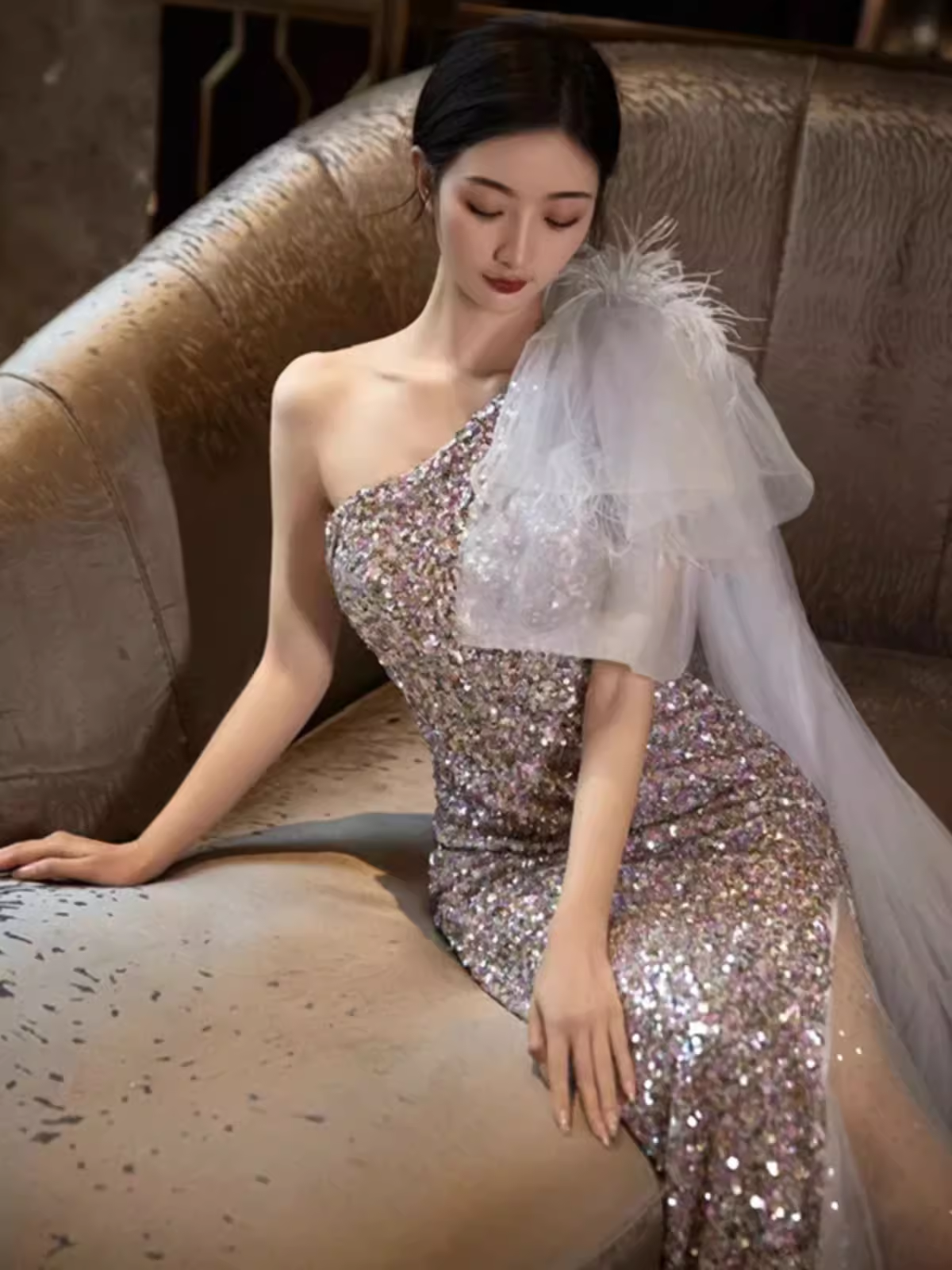 Princess Mermaid One Shoulder Party Dresses Sequin Lilac Prom Dresses