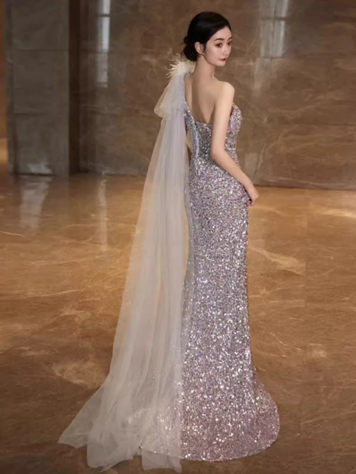 Princess Mermaid One Shoulder Party Dresses Sequin Lilac Prom Dresses