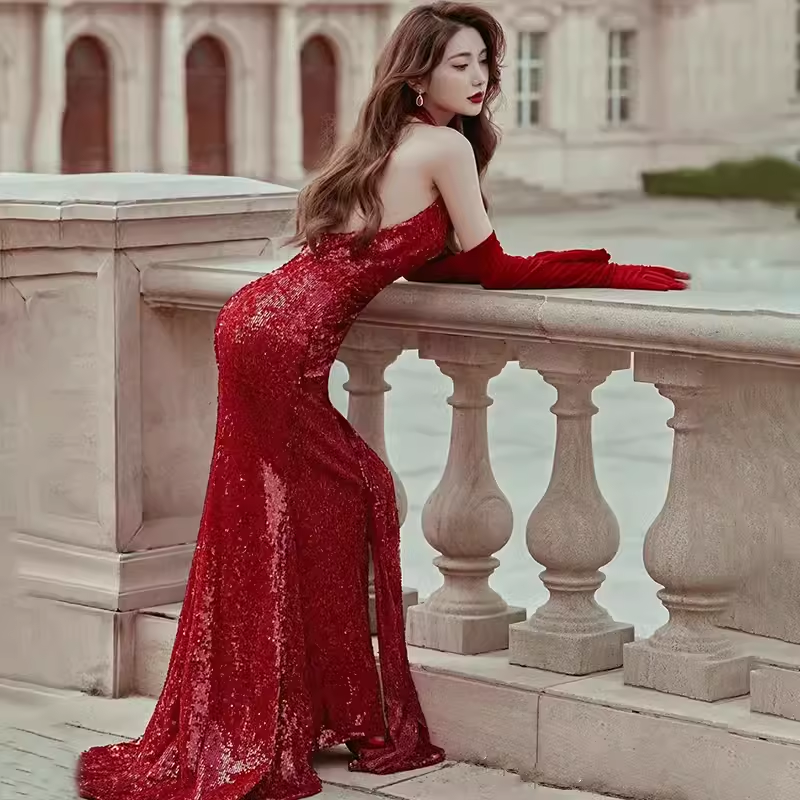Sexy Mermaid Party Dresses Sequin Halter Red Prom Dresses