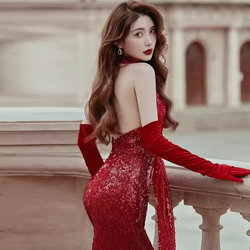 Sexy Mermaid Party Dresses Sequin Halter Red Prom Dresses