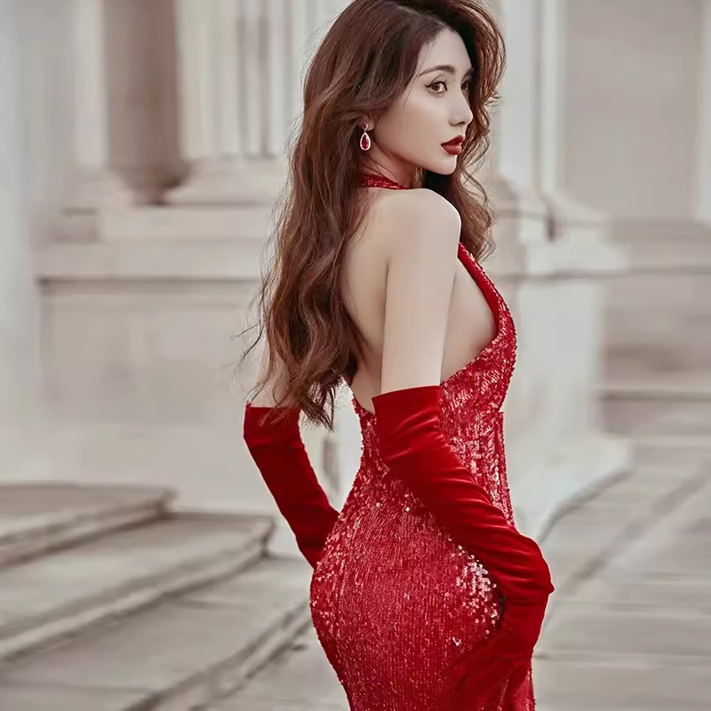 Sexy Mermaid Party Dresses Sequin Halter Red Prom Dresses