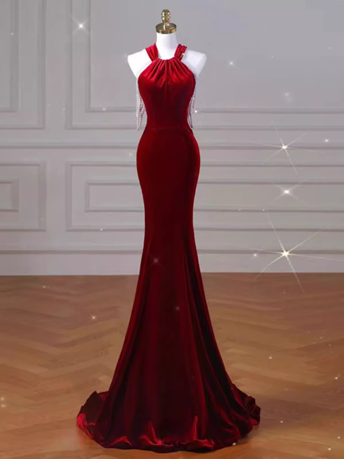 Sexy Mermaid Velvet Party Dresses Red Prom Dresses