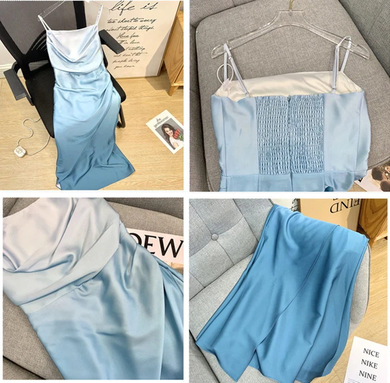 Elegant Sheath Straps Blue Prom Dresses Formal Dress