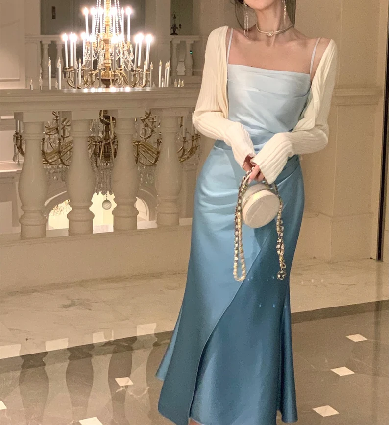 Elegant Sheath Straps Blue Prom Dresses Formal Dress