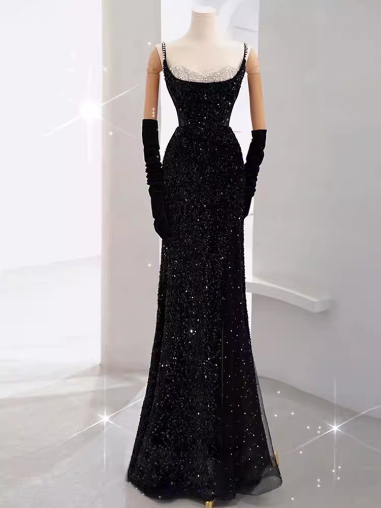 Mermaid Long Prom Dress New Sequin Sexy Black Slit Evening Dress
