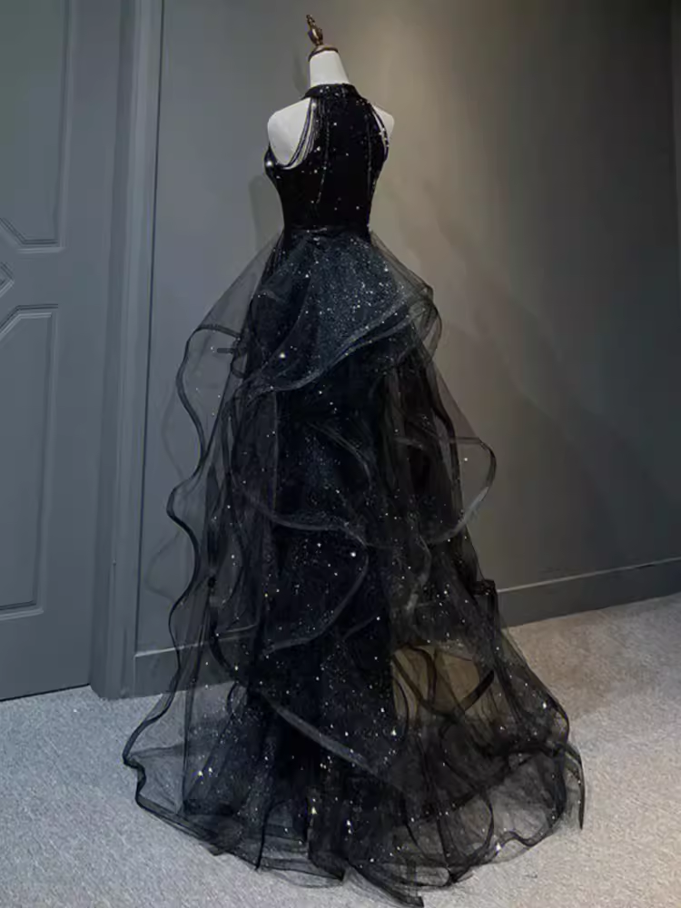 Vintage A line Halter Black Party Dresses Sequin Prom Dresses