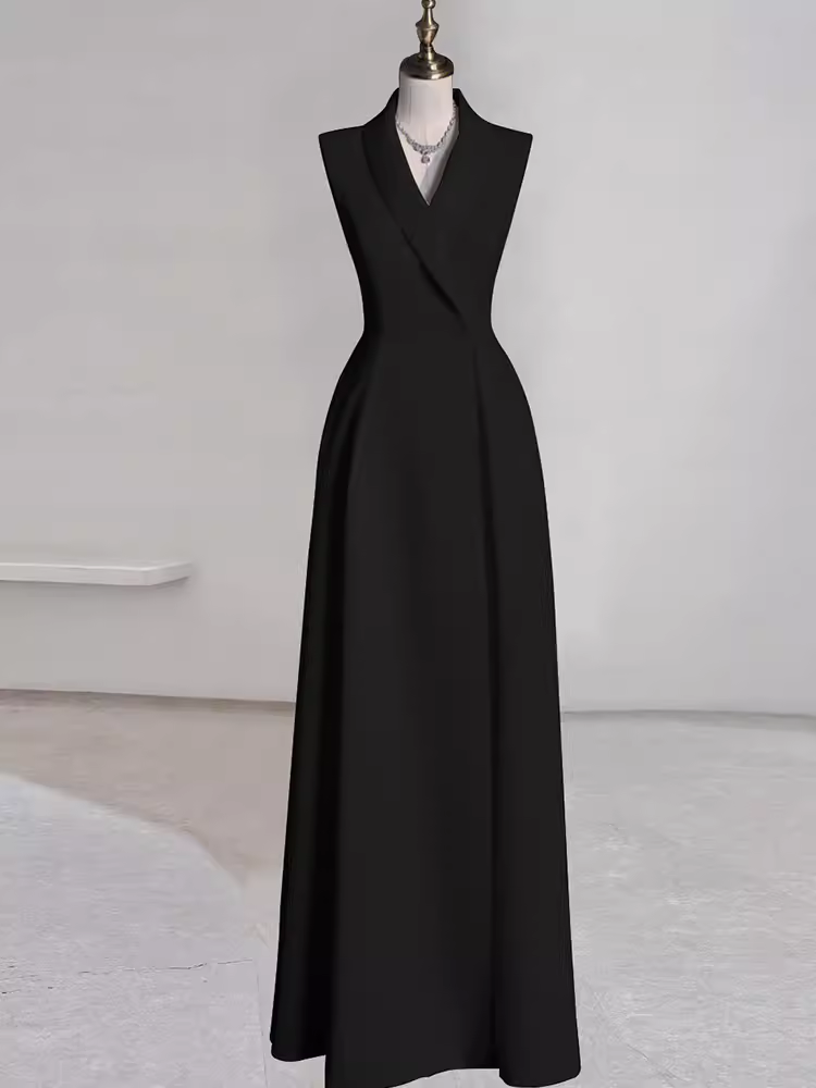 Sexy A line Black Satin Party Dresses Long Prom Dresses