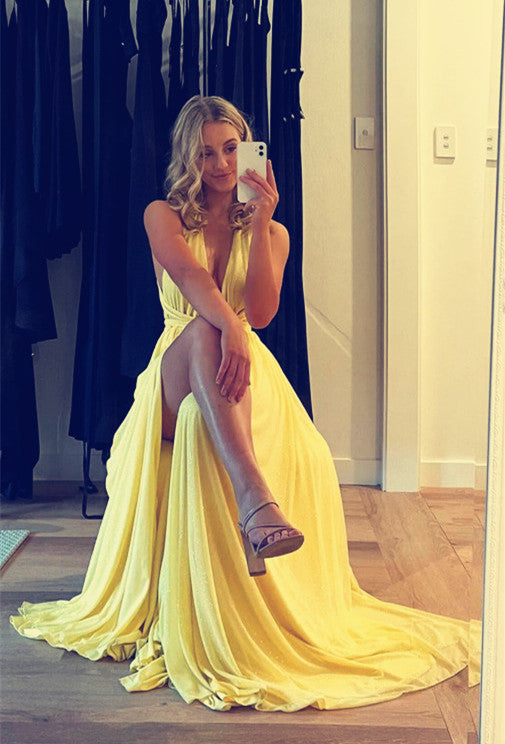 A line Yellow Slit Evening Party Dress Long Chiffon Prom Dress