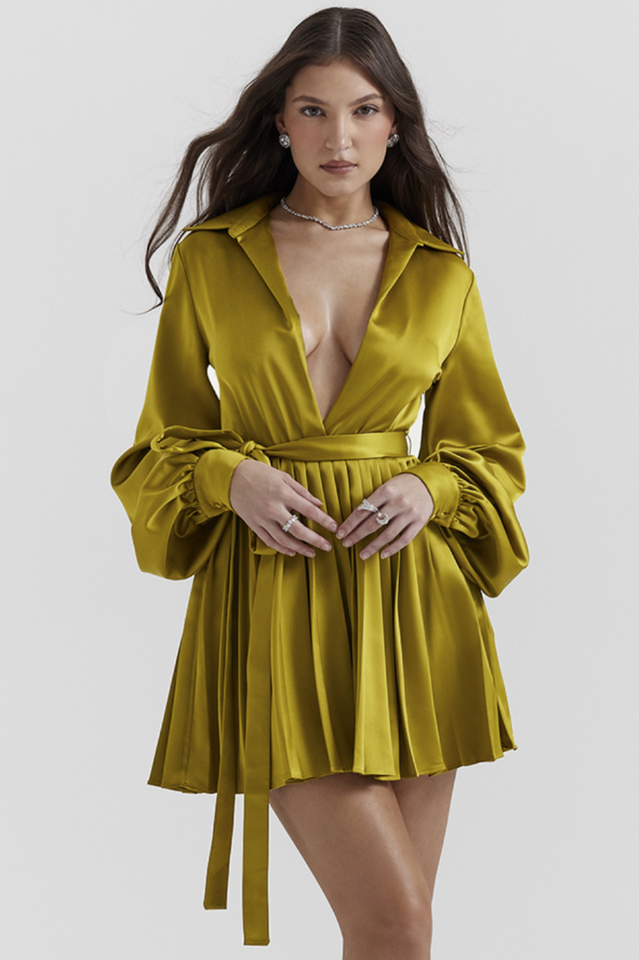 Allegra Chartreuse Pleated Shirt Dress