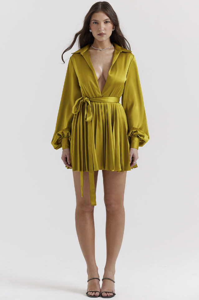Allegra Chartreuse Pleated Shirt Dress 3