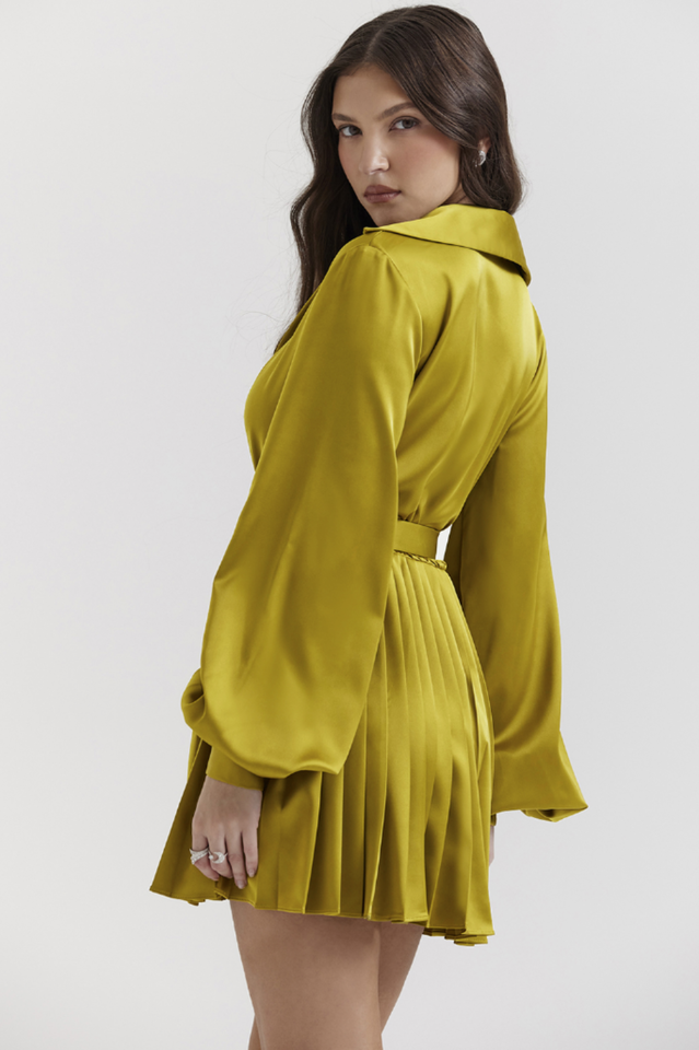 Allegra Chartreuse Pleated Shirt Dress 2