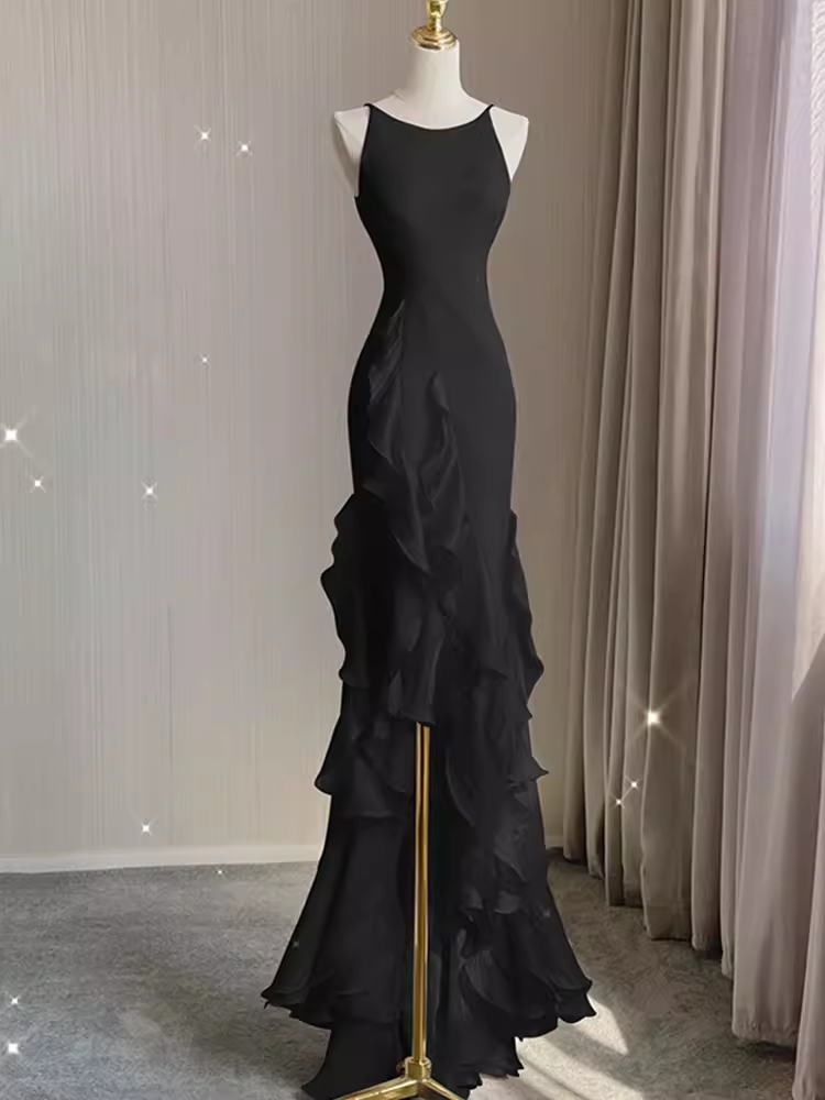 Sexy A line Long Senior Chiffon Black Prom Dress Formal Dress