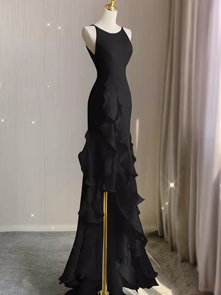 Sexy A line Long Senior Chiffon Black Prom Dress Formal Dress