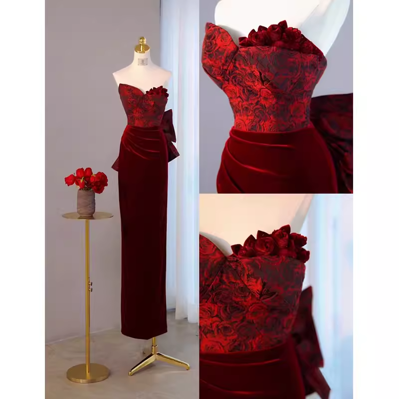 Sexy Sheath Long Senior Burgundy Velvet Prom Dress Formal Dress