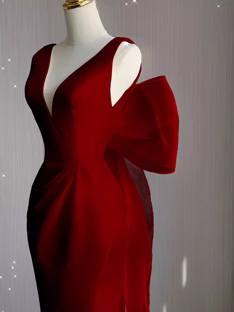 Sexy Sheath V neckline Long Senior Red Prom Dress Formal Dress