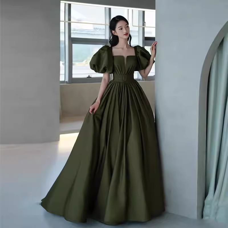 Modest A line Short Sleeves Long Senior Green Prom Dress Formal Dress