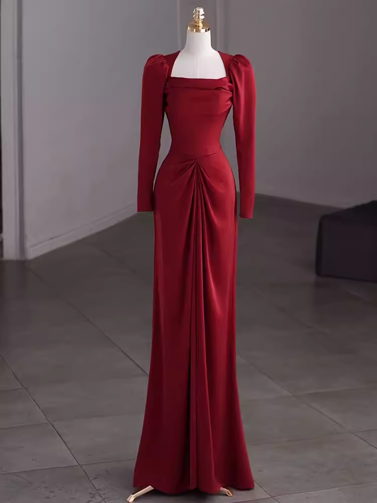 Simple Sheath Long Sleeves Red Prom Dress Evening Dress