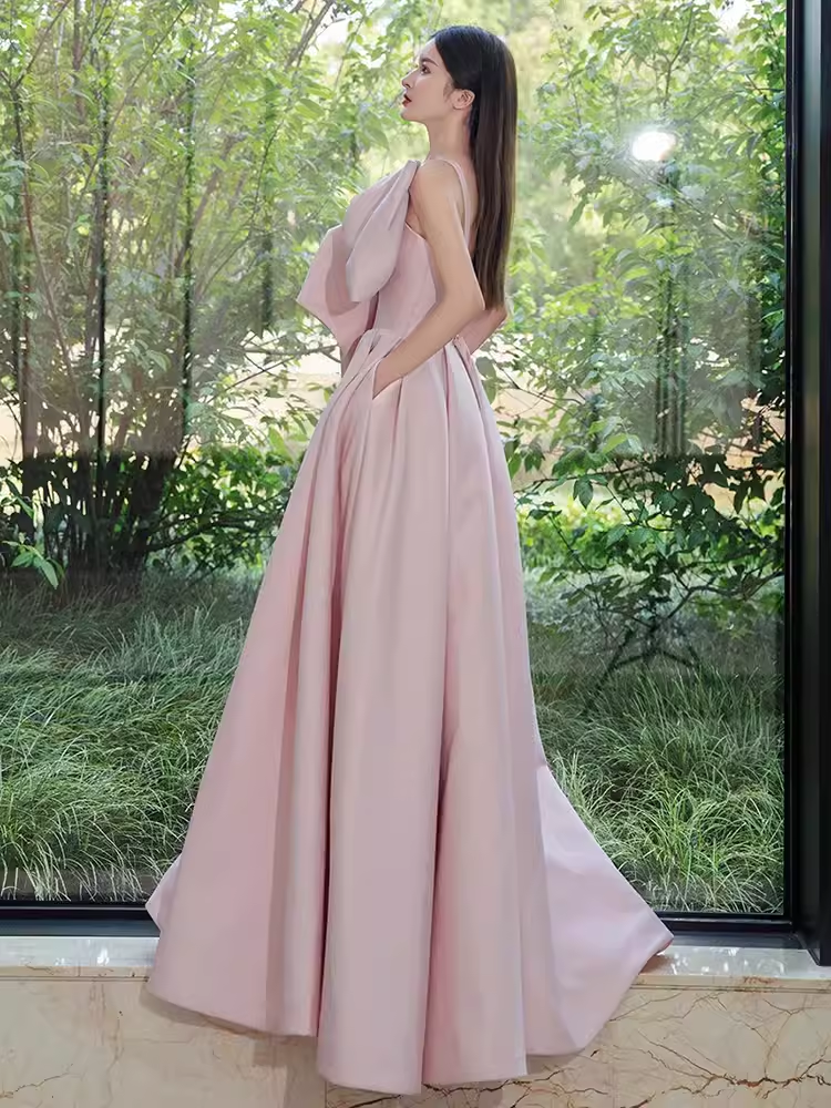 A line Strapless Pink Satin Long Prom Dress Party Dresses