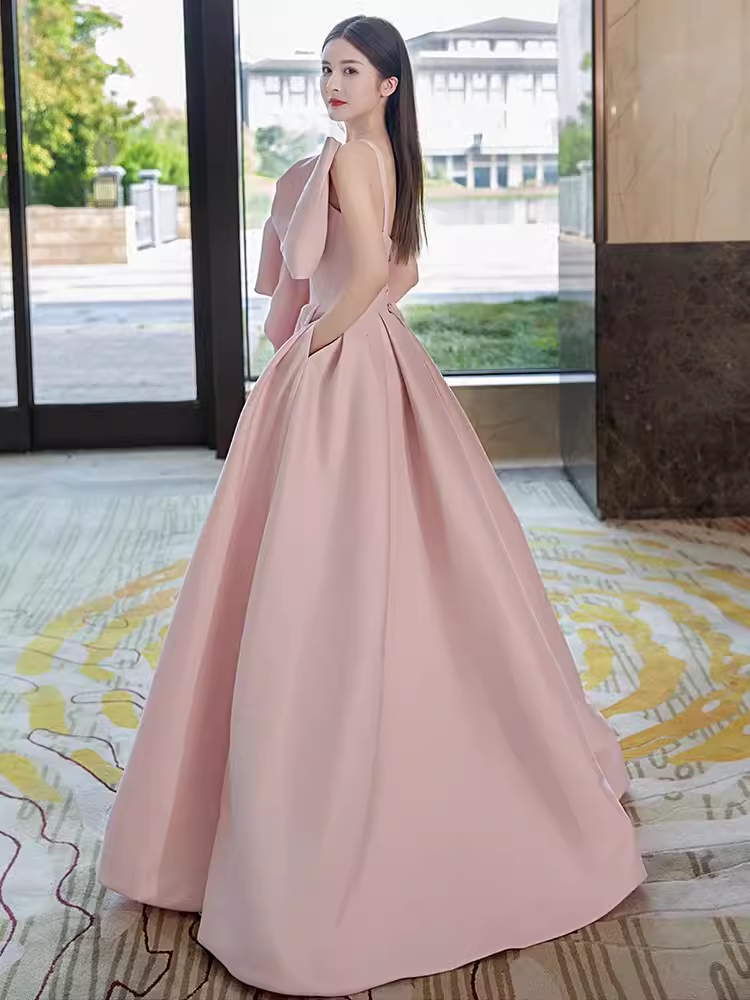A line Strapless Pink Satin Long Prom Dress Party Dresses