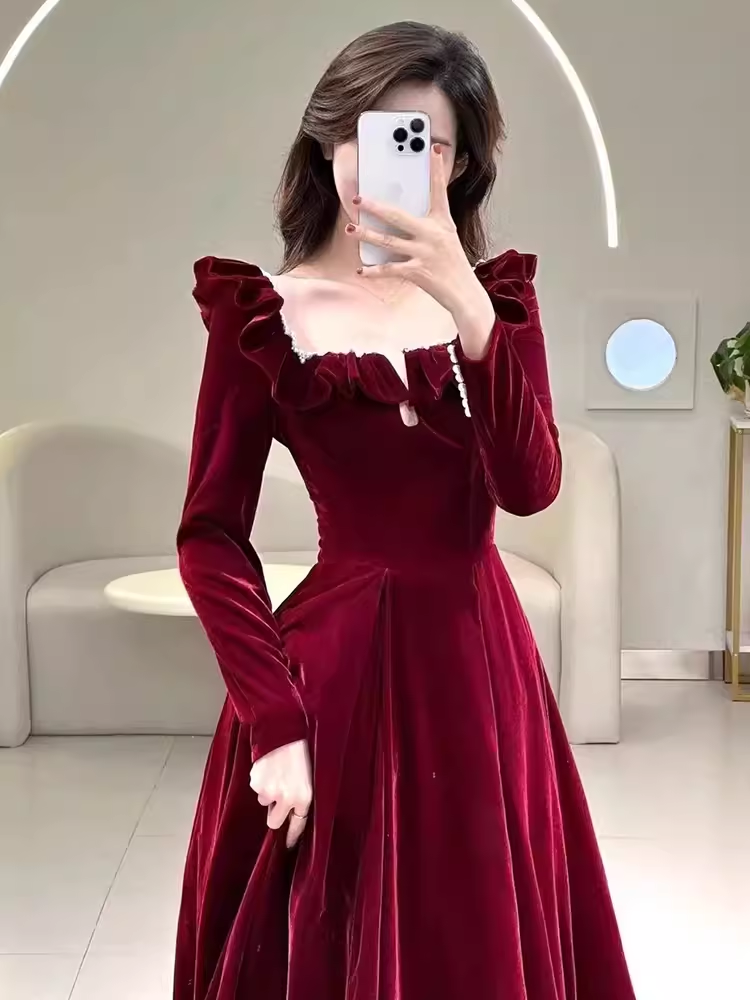 A line Burgundy Velvet Long Prom Dress Party Dresses