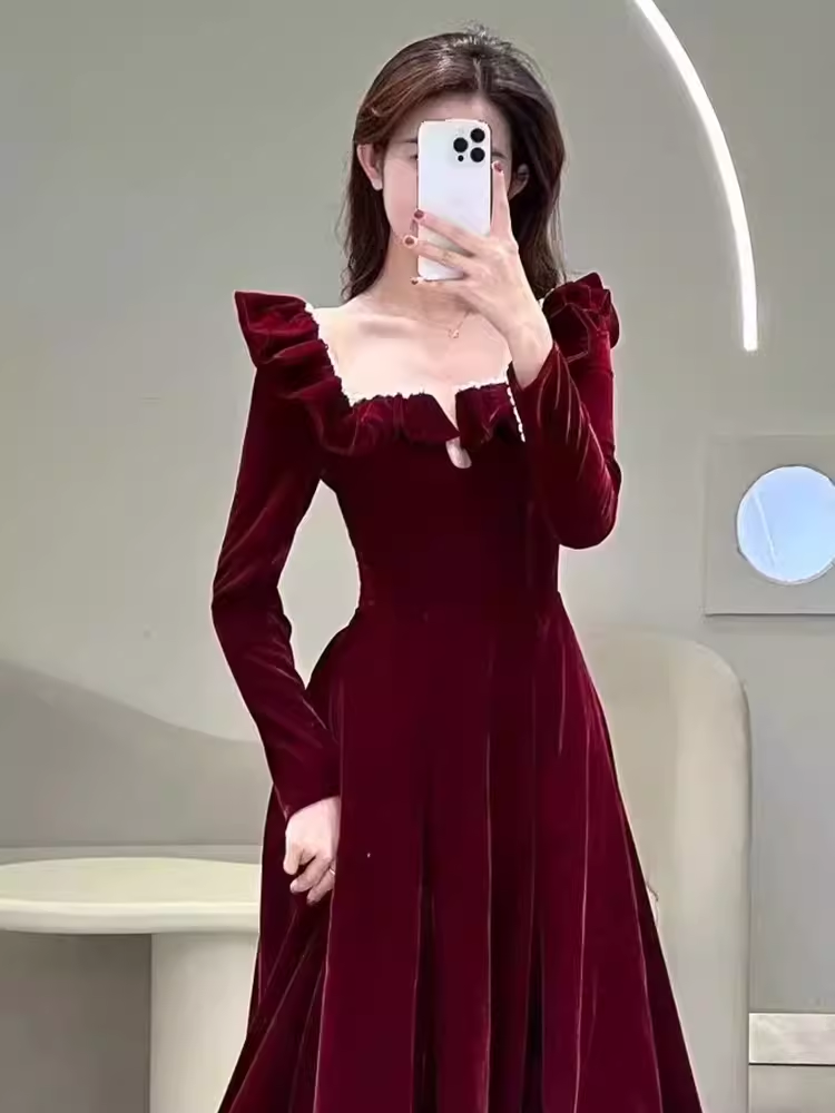 A line Burgundy Velvet Long Prom Dress Party Dresses