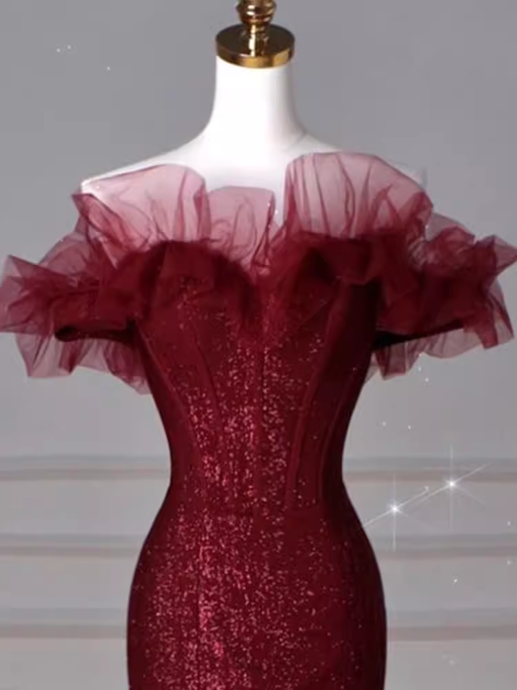 Sparkly Mermaid Burgundy Sequin Long Prom Dress Party Dresses