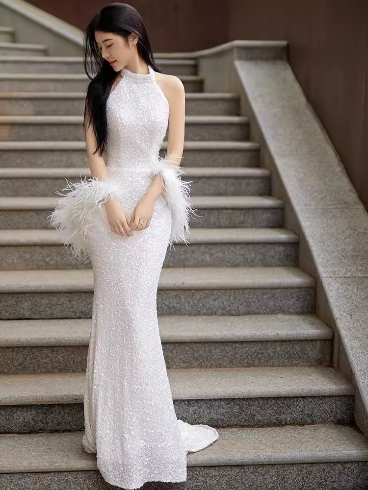 Sexy Mermaid High Neckline Sequin White Floor Length Prom Dress With Feathers