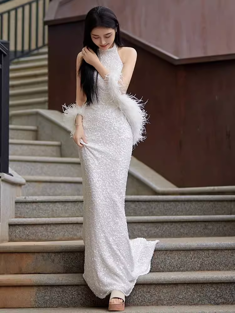 Sexy Mermaid High Neckline Sequin White Floor Length Prom Dress With Feathers