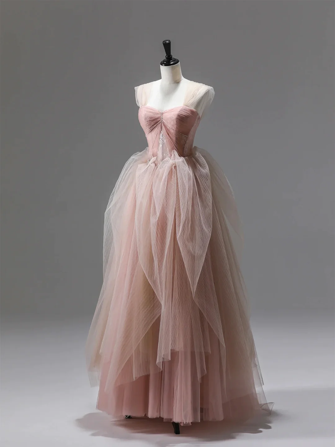 A line Pink Corset Long Tulle Prom Dress With Ruffles