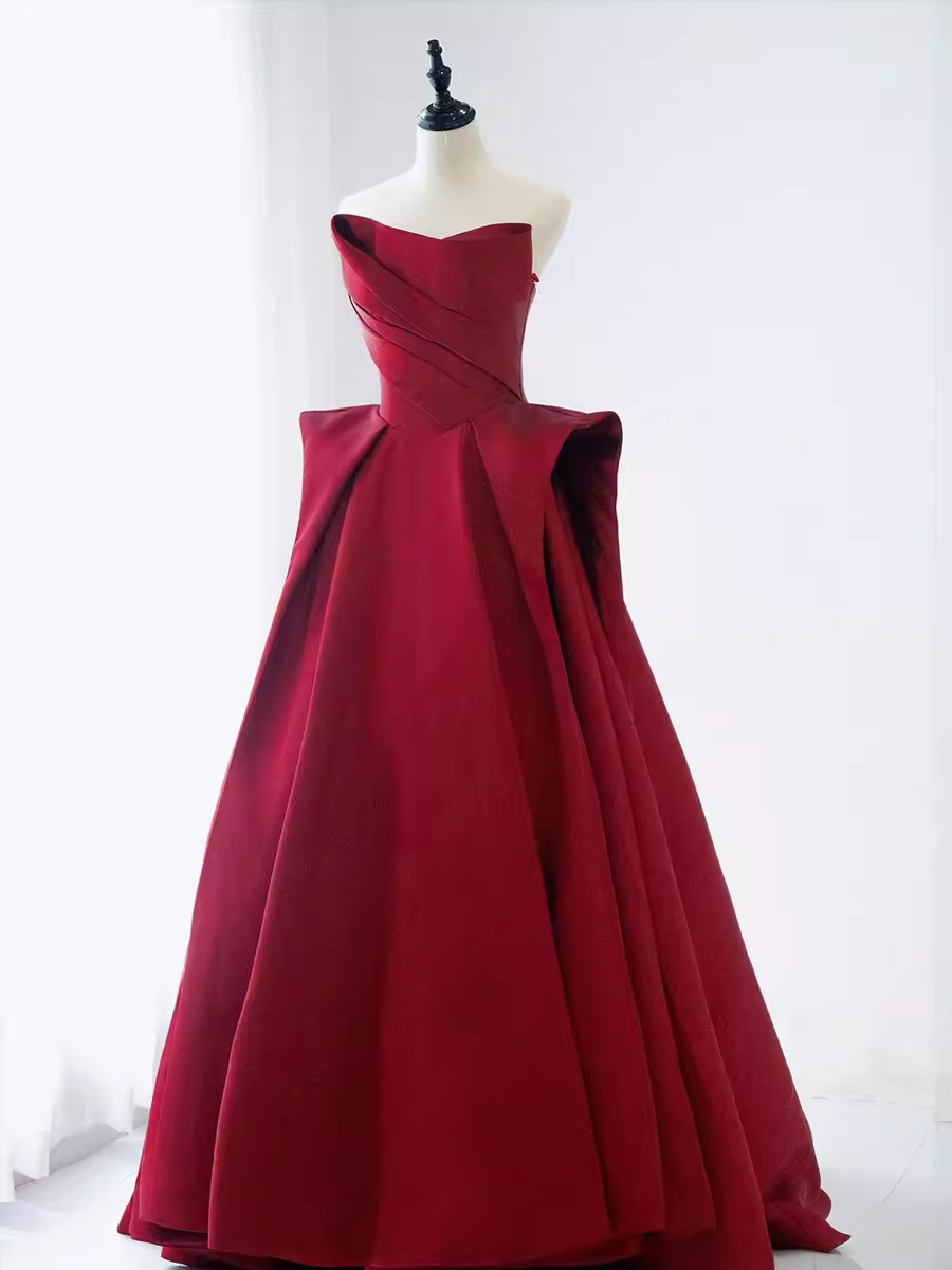 Ball Gown Strapless Burgundy Satin Prom Dresses Evening Dress