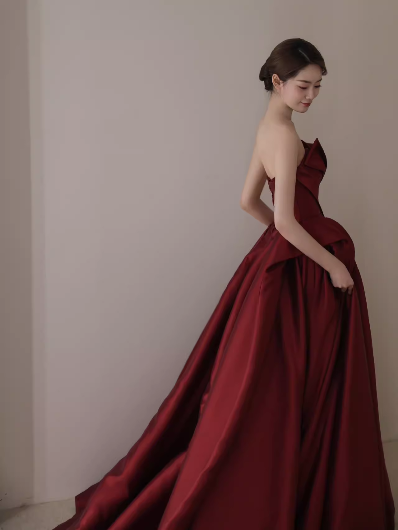 Ball Gown Strapless Burgundy Satin Prom Dresses Evening Dress