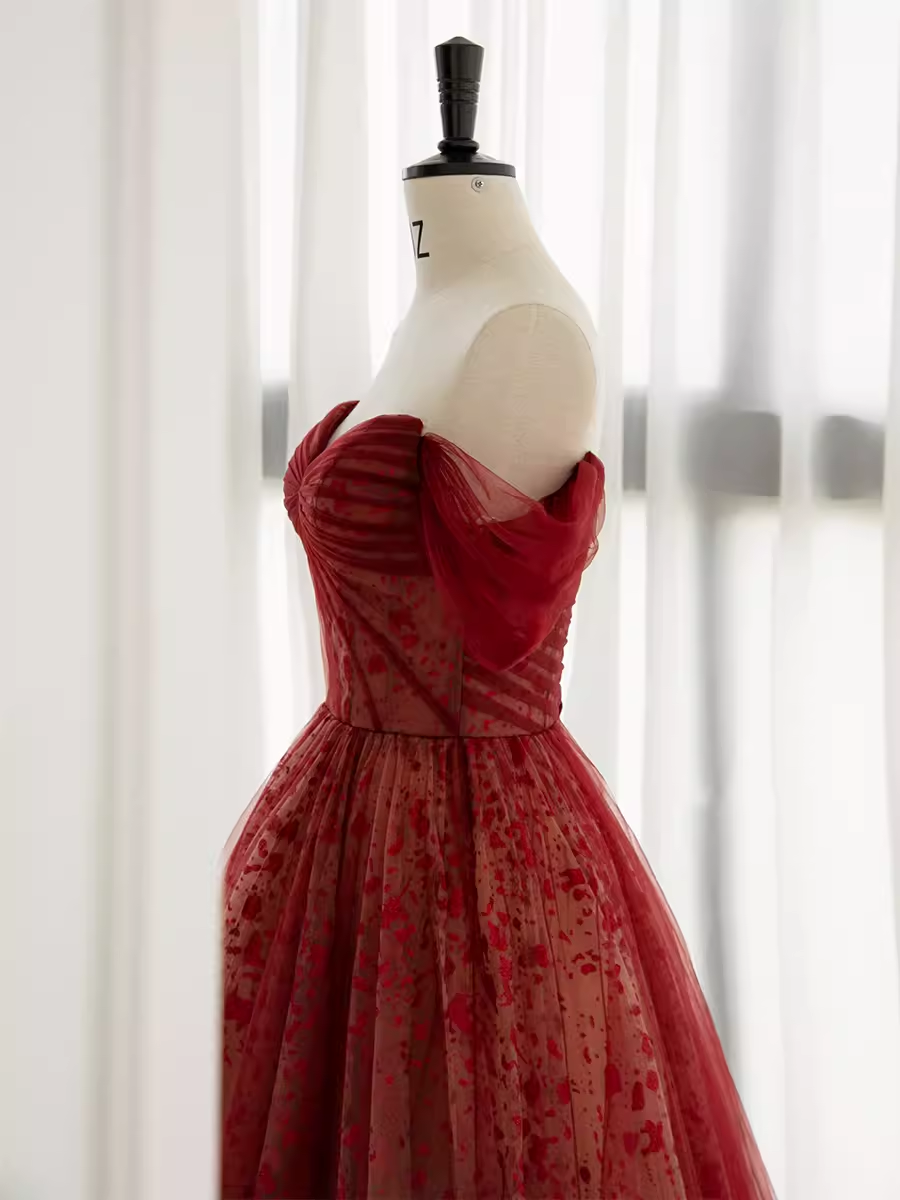 Ball Gown Strapless Burgundy Tulle Prom Dresses Evening Dress