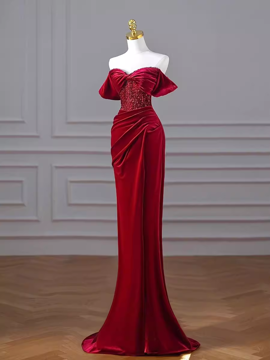 Mermaid Strapless Burgundy Velvet Prom Dresses Evening Dress