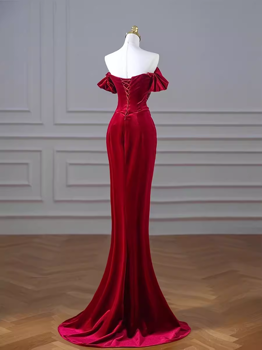 Mermaid Strapless Burgundy Velvet Prom Dresses Evening Dress