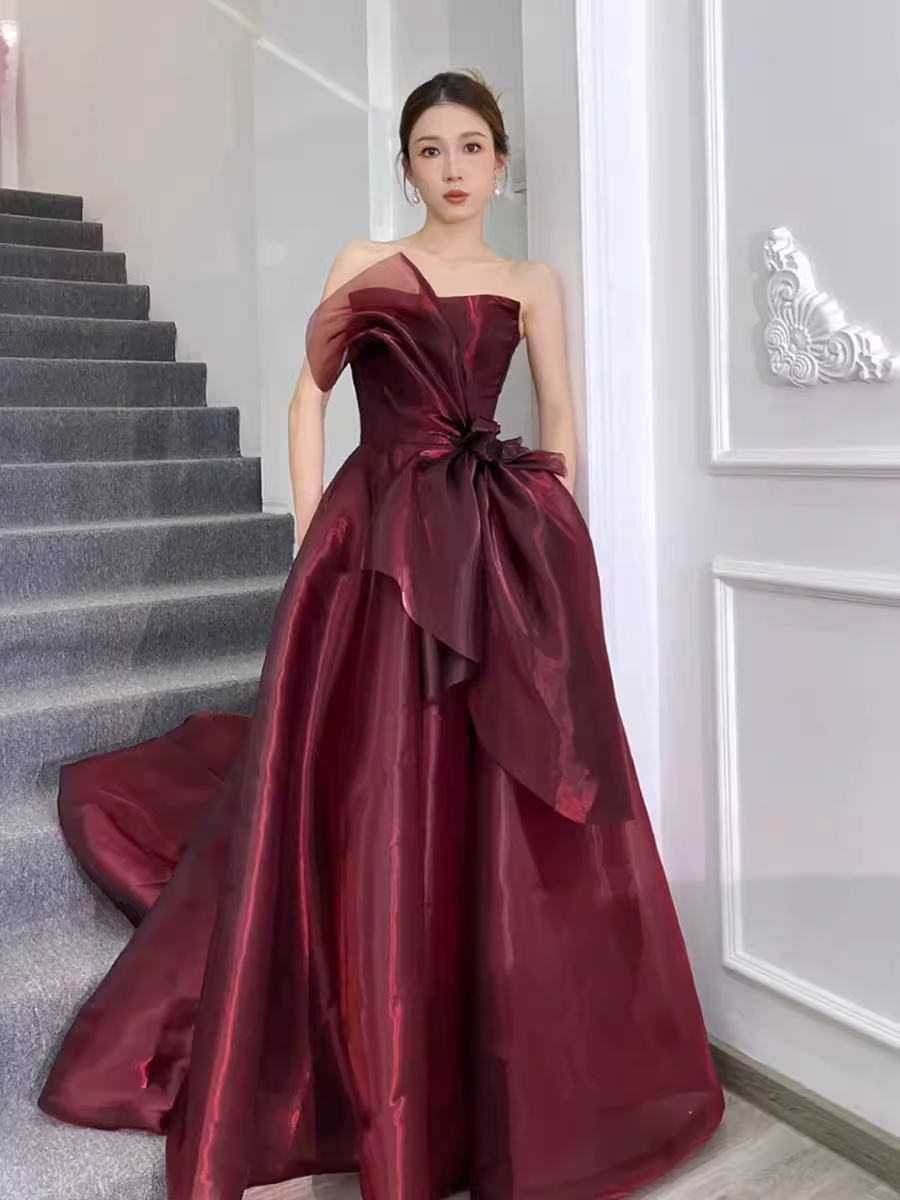 Ball Gown Strapless Burgundy Organza Prom Dresses Evening Dress