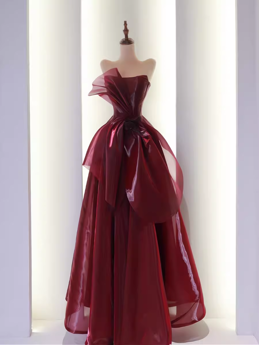 Ball Gown Strapless Burgundy Organza Prom Dresses Evening Dress