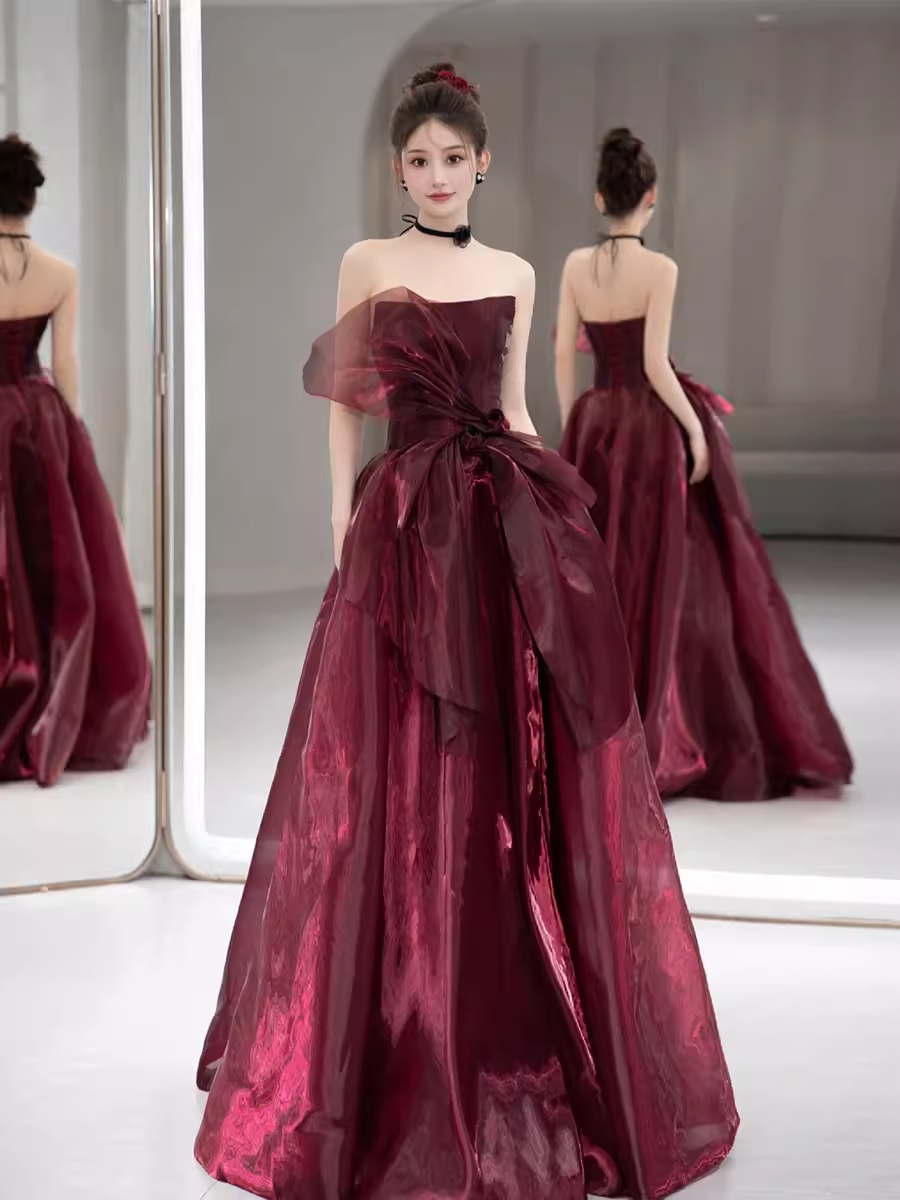 Ball Gown Strapless Burgundy Organza Prom Dresses Long Evening Dress