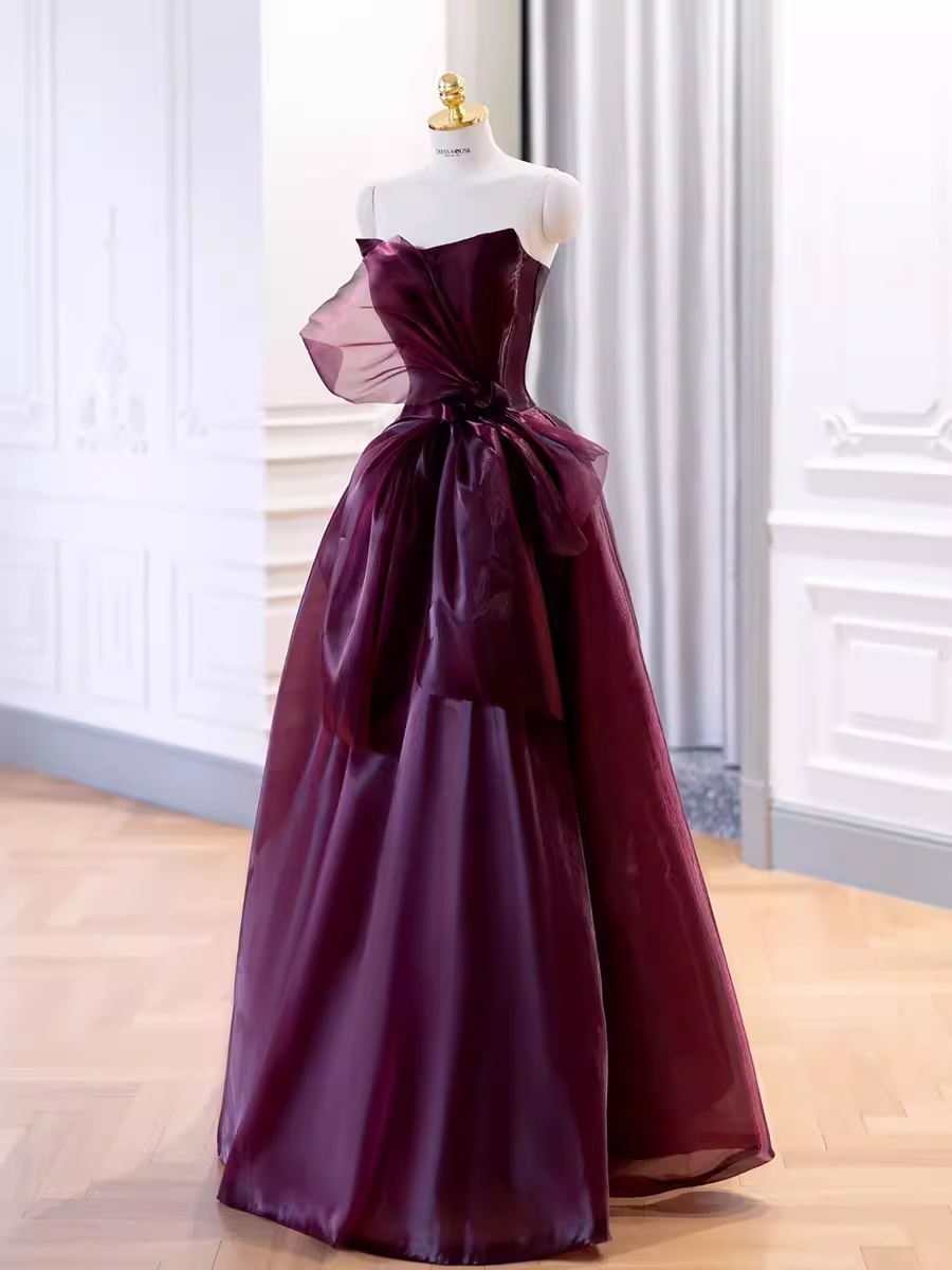 Ball Gown Strapless Burgundy Organza Prom Dresses Long Evening Dress