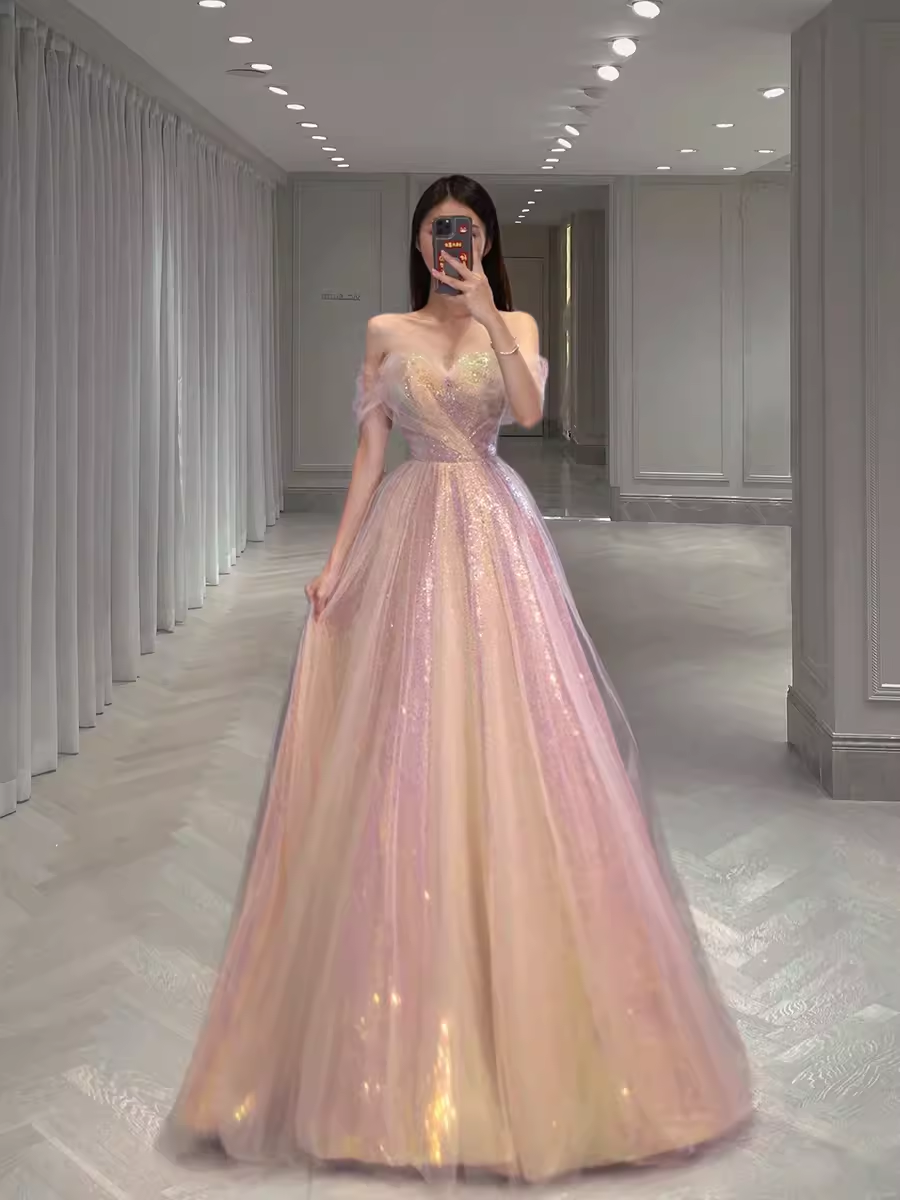 A Line Strapless Sequin Pink Prom Dresses Long Evening Dress