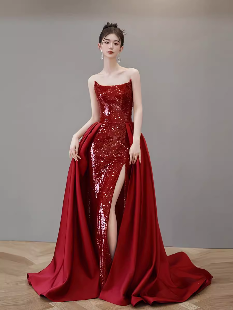 Mermaid Strapless Sequin Red Prom Dresses Long Evening Dress