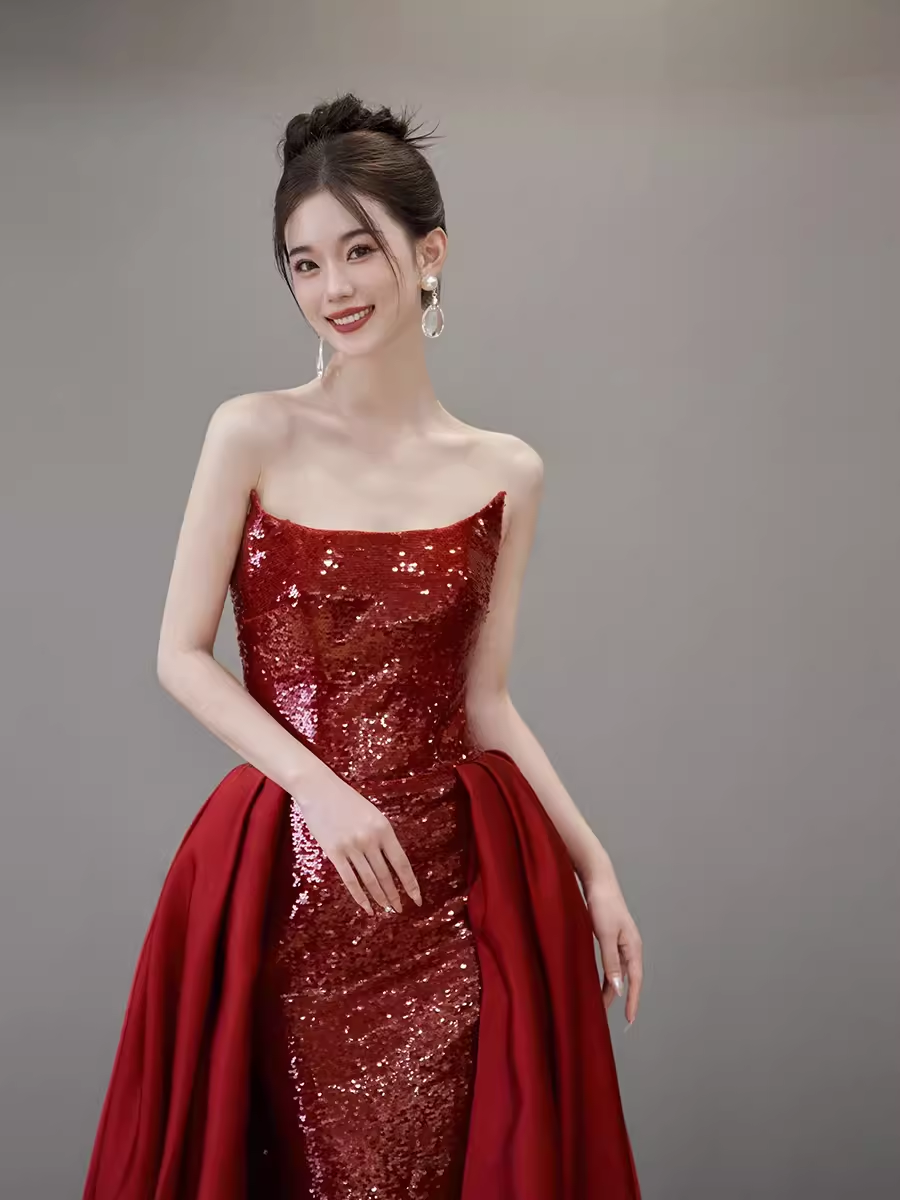 Mermaid Strapless Sequin Red Prom Dresses Long Evening Dress