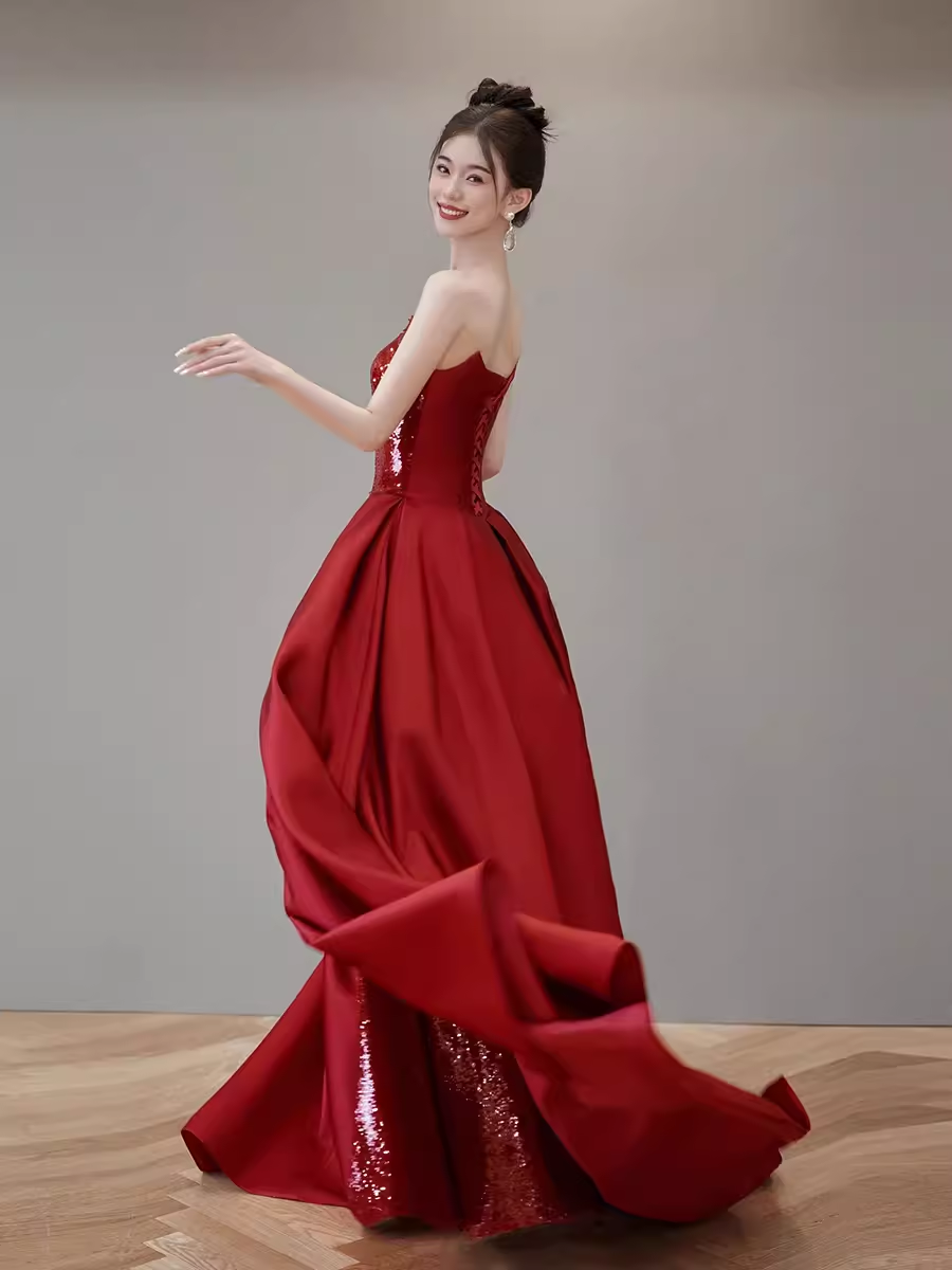 Mermaid Strapless Sequin Red Prom Dresses Long Evening Dress