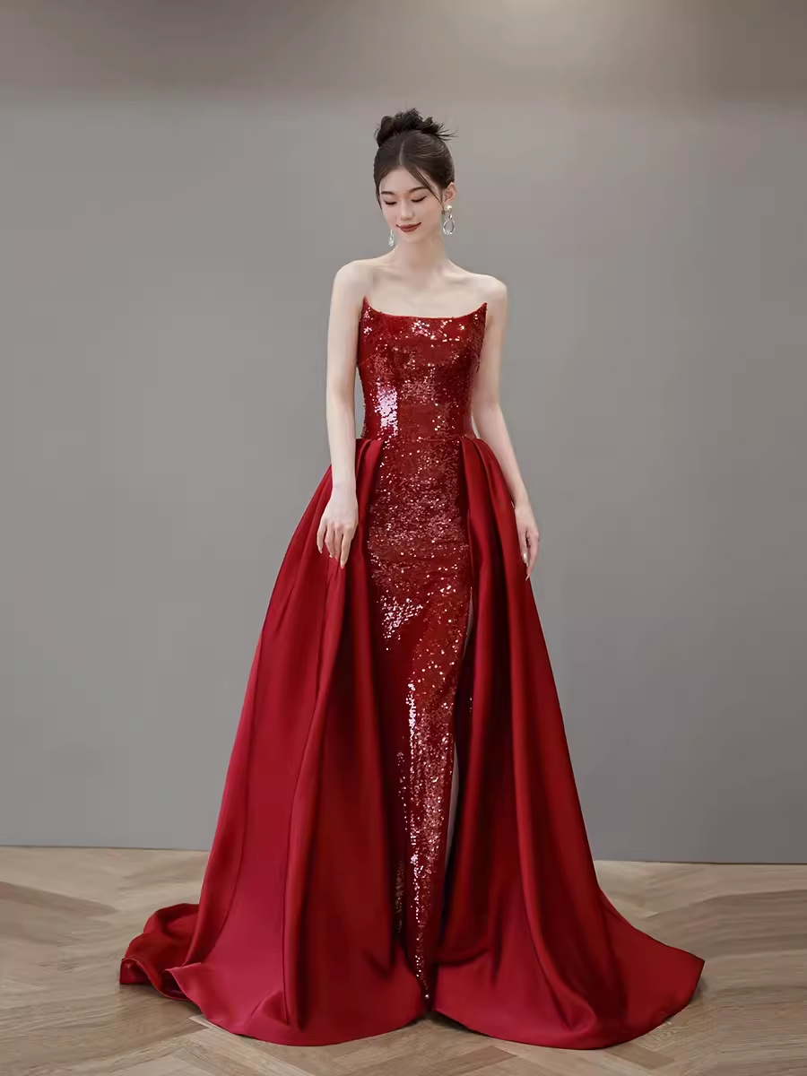 Mermaid Strapless Sequin Red Prom Dresses Long Evening Dress